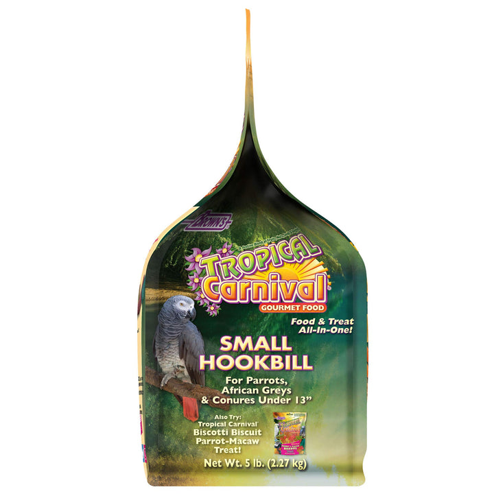 F.M. Brown's Tropical Carnival Gourmet Bird Food for Parrots, African Greys, and Conures Under 13, Probiotics for Digestive Health, Vitamin-Nutrient Fortified Daily Diet - 5 lb.