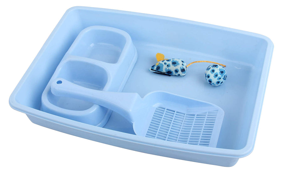 Kitty Litter Box Set Includes 4-Pieces - Shallow Cat Litter Pan, Cat Litter Scooper, Cat Bowls, Cat Mouse Toy, 14.5x10.5 Inches, Blue