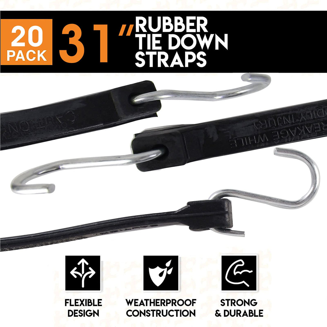 20 Pack 31&#39;&#39; Adjustable Natural Rubber Tarp Straps, EPDM Bungee Cords with Metal S Hooks, Ideal for Securing Tarps, Canvases, Motorcycle, and Cargo