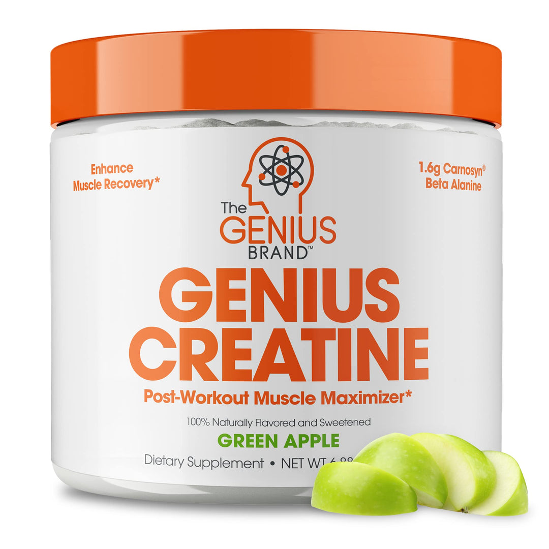 Genius Micronized Creatine Monohydrate Powder, Post Workout Supplement, Green Apple - 100% Naturally Flavored &amp; Sweetened - Supports Muscle Building, Cellular Energy &amp; Cognitive Function – 195g
