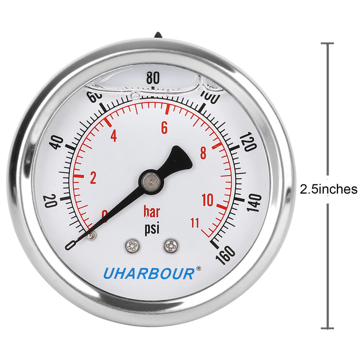 UHARBOUR Glycerin Filled Pressure Gauge 160psi/11bar, Stainless Steel case, Brass Inside Construction, 2-1/2 dial, 1/4NPT Back Connection.…