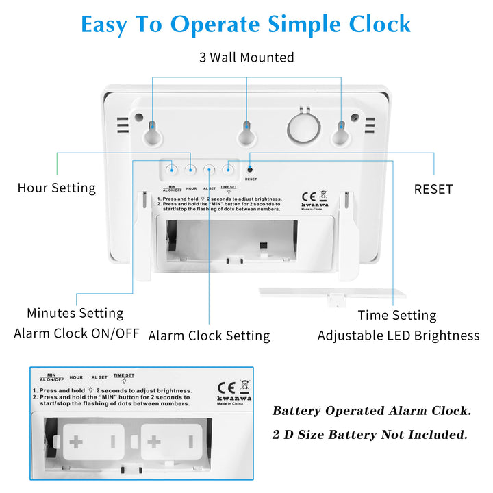 Small Wall Clock, Digital Alarm Clock, 8 Extra Large Display, 3 LED Digit Contantly Light Up, Battery Operated, Adjustable Brightness, Clock for Bedroom, Wall-Mounted/Table-top