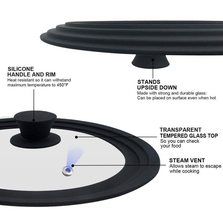 Universal Lid for Pots, Pans and Skillets - Tempered Glass with Heat Resistant Silicone Rim, Fits 11, 12 and 12.5 Diameter Cookware