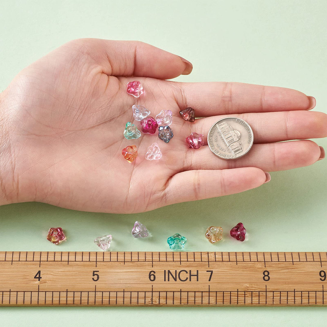 Pandahall 130Pcs Electroplate Glass Trumpet Flower Beads 8.5x8x5.5mm Colorful Mini Transparent Trumpet Floral Glass Spacer Beads for Jewelry Craft Making