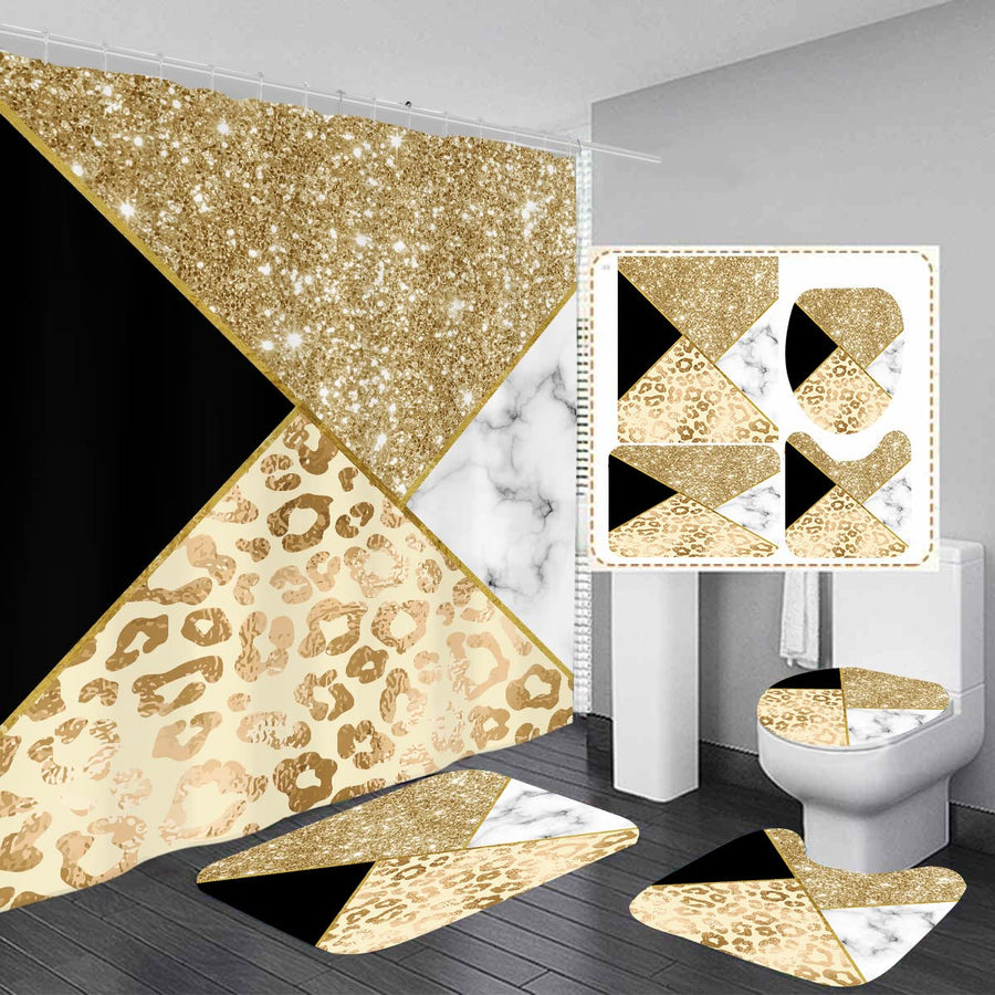 Atter Gold Leopard Marble Shower Curtain (No Glitter) Golden Geometric Polyester Fabric with Non-Slip Rug, Toilet Lid Cover and Bath Mat for Bathroom Set 4 Pcs (W60''xH72'') 12 Hooks Included