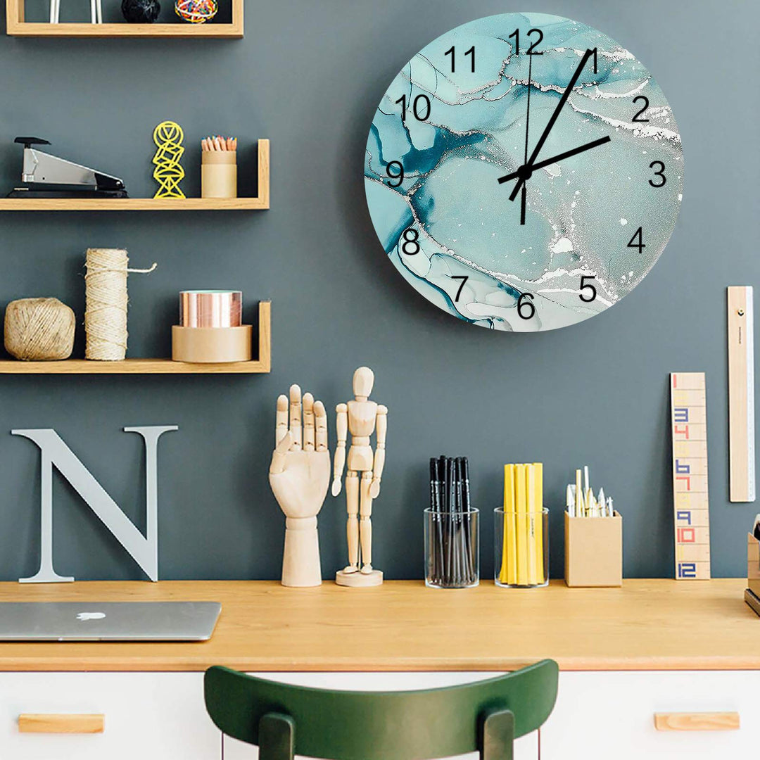 12 Inch Gradient Marble Round Wooden Wall Clock, Gradient Turquoise to Grey with Silver Stripes Wall Clock Battery Operated Abstract Wall Clock with Arabic Numerals for Living Room, Kitchen, Laundry