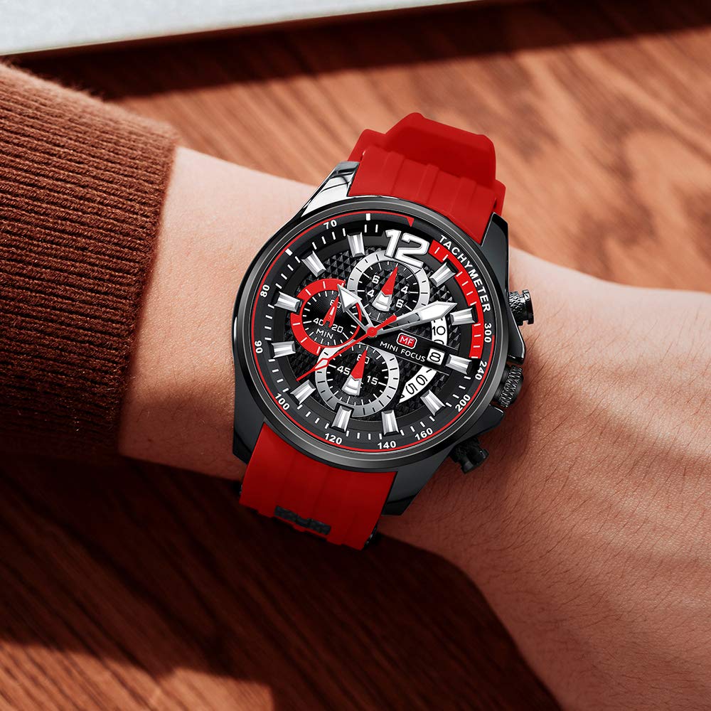 Watches for Men Stylish Analog Quartz Chronograph Military Waterproof Luminous Big Face Mens Watch Business Work Casual Fashion Dress Red Silicon Strap Men&#39;s Wrist Watches Elegant Gift for Men