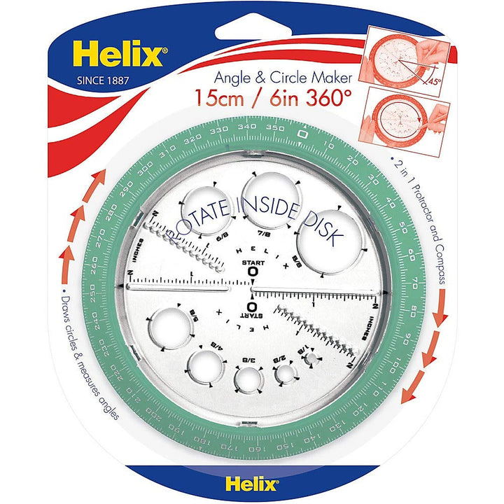 Angle and Circle Maker with Integrated Circle Templates, 360 Degree, 6 Inch / 15cm, Assorted Colors (36002)