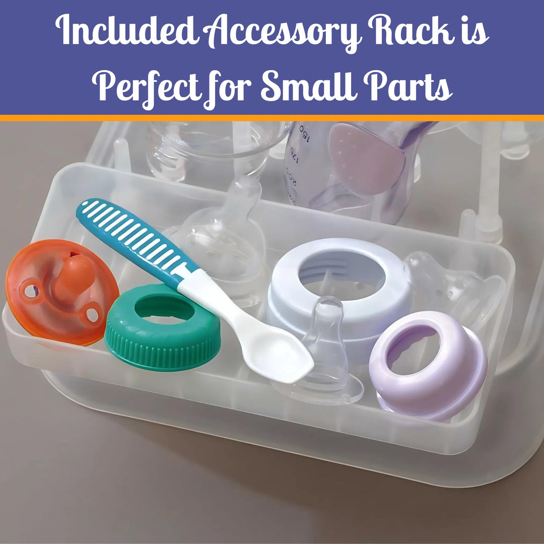 Mommy&#39;s Helper Drain N&#39; Dry Bottle Drying Rack — Baby Bottle and Pump Part Drying Rack with Acessory Slot &amp; Bottle Brush, 8 Bottle Capacity, White