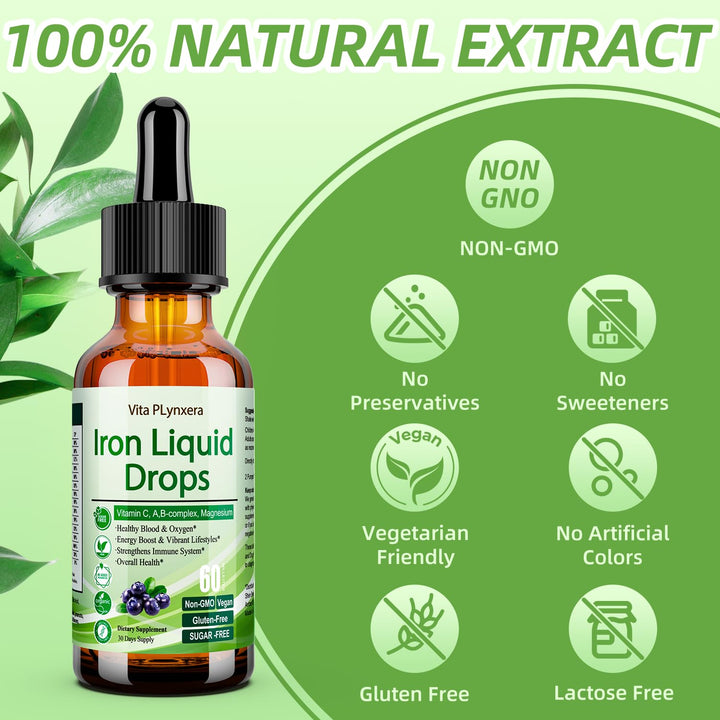 2 Pack Liquid Iron Supplement for Women Men &amp; Kids, Vegan Iron Drops with Vitamin C D, B12, B-Complex, High Potency Liquid with Multivitamin for Anemia, Energy Support, Magnesium Iron Gentle