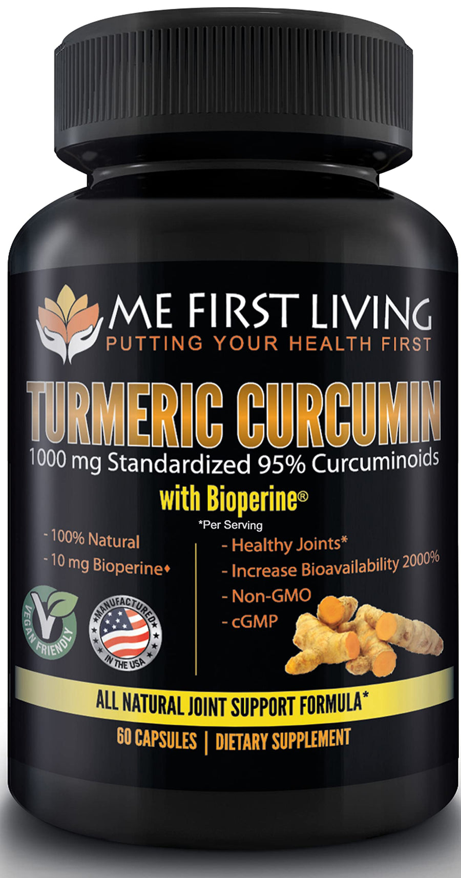 Turmeric Curcumin 1000 mg 95% Curcuminoids, Bioperine 10 mg, 19x More Potent Than Others, Increased Absorption, Non-GMO, Organic Turmeric, Vegan, Gluten Free, 60 Capsules