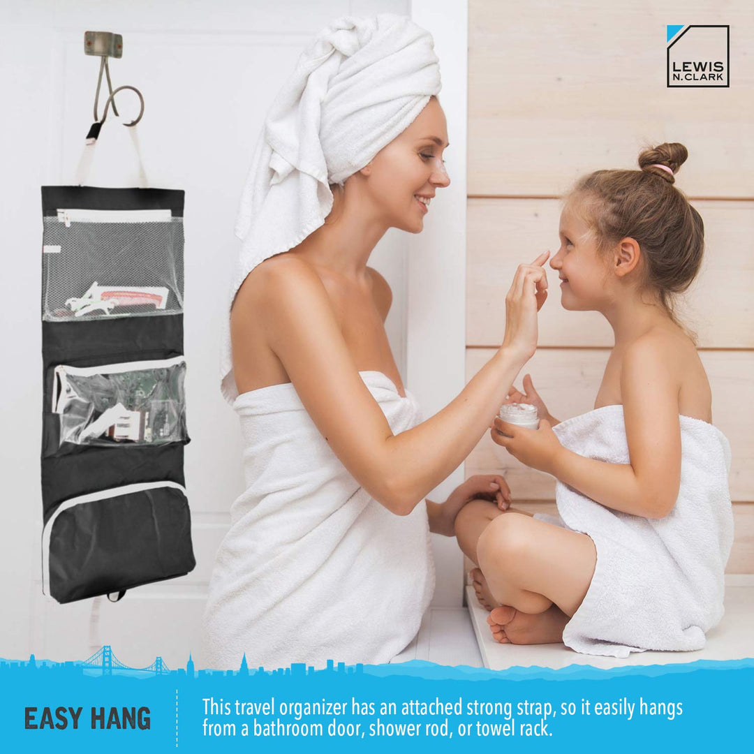 Hanging Toiletry Bag for Travel Accessories, Shampoo, Cosmetics + Personal Items with Waterproof Compartment and Folding Design,Black