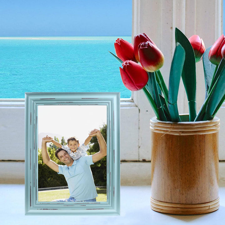 5x7 Picture Frame Distressed Teal Rustic Wood Photo Frames 5 by 7 Turquoise Frames Weathered Photo Stand Tabletop/Wall Hanging(NOT REAL GLASS COVER)