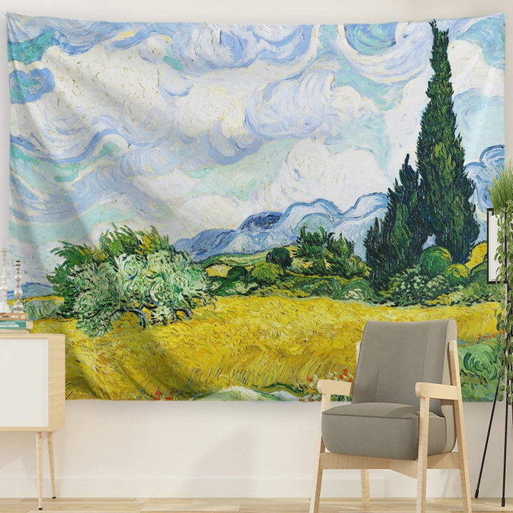 Vincent Van Gogh Wall Tapestry Green Wheat Fields Oil Painting Wall Hanging Art Home Decor for Living Room Bedroom Bathroom Dorm, 60 W x 40 L (150cmx100cm) - Wheat Field with Cypresses
