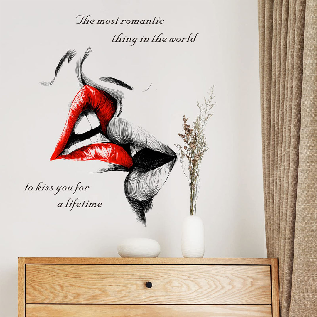 Sexy Red Lips Kiss Wall Decals, Kiss You for a Lifetime Quotes Wall Stickers, Kissing Lips Fashion Silhouette Mural, Removable DIY Vinyl Decor Wallpaper for Bedroom, Living Room, TV Wall