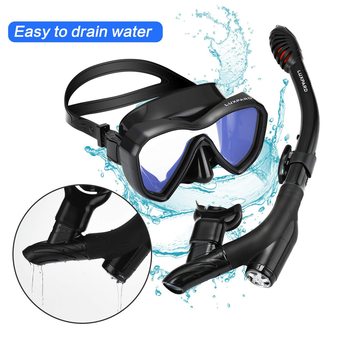 Snorkel Set, Anti-Fog Panoramic View Snorkel Mask and Anti-Leak Dry Snorkel Tube, Snorkeling Gear for Adults, Snorkel Kit Bag Included (Black)