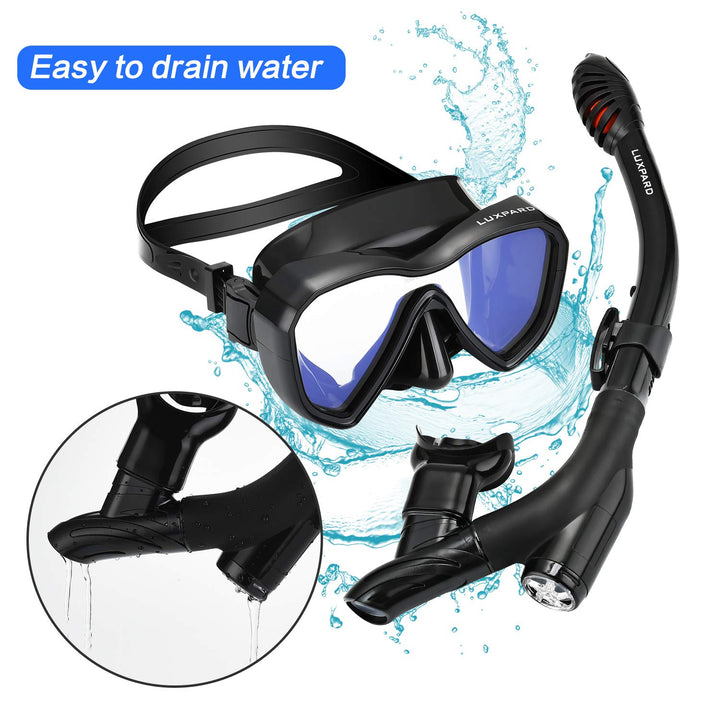 Snorkel Set, Anti-Fog Panoramic View Snorkel Mask and Anti-Leak Dry Snorkel Tube, Snorkeling Gear for Adults, Snorkel Kit Bag Included (Black)