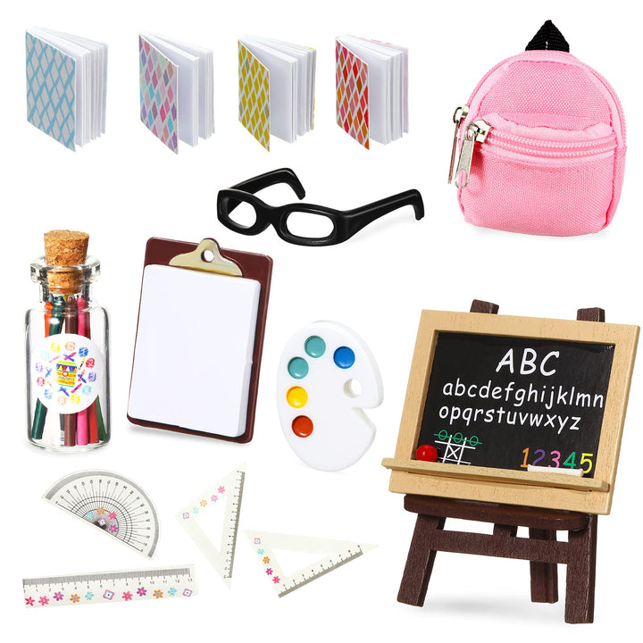 14 Pcs Mini Doll School Supplies Christmas Miniature Dollhouse Stuff Accessories for 11.5 Inch Doll DIY Toy Set Include Miniature Book Backpack Glasses Blackboard Pencil Ruler(Chic Style)