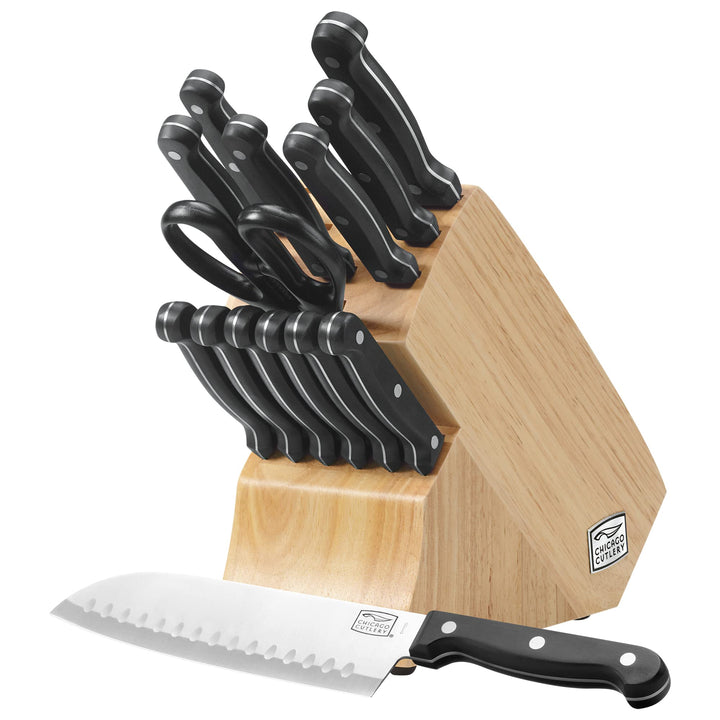 Essentials 15 Piece Stainless Steel Kitchen Knife Set with Shears, Paring, Fruit, Utility, Santoku, Bread, and Steak Knives, Knife Set for the Kitchen with Block