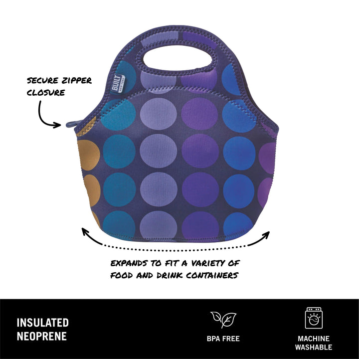 BUILT Gourmet Getaway Soft Neoprene Lunch Tote, Lightweight, Insulated, and Reusable, One Size, Plum Dots