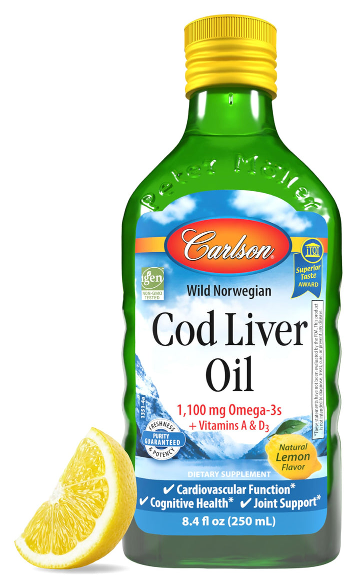 - Cod Liver Oil, 1100 mg Omega-3s, Liquid Fish Oil Supplement, Wild-Caught Norwegian Arctic, Sustainably Sourced Nordic Liquid, Lemon, 250 ml
