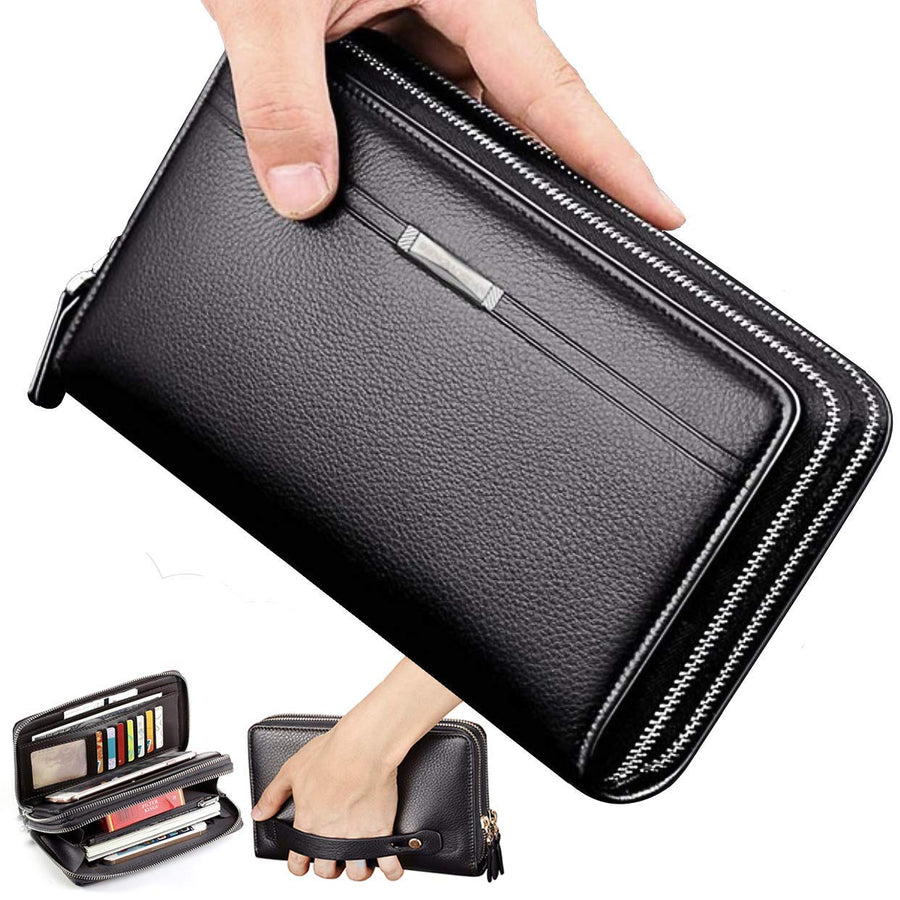 Black Sales Friday Deals Mens Long Leather Cellphone Clutch Wallet Purse for Men Large Travel Business Hand Bag Cell Phone Holster Card Holder Case Gift for Father Son Husband Boyfriend (M-Green)
