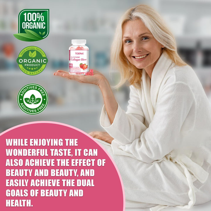 Multi Collagen Protein Glow Beauty Collagen Gummies, Women&#39;s Anti-Aging Support with Glutathione, Biotin &amp; Multivitamins, Promotes Skin &amp; Hair Health, Strawberry, 180 Gummies (90 Days)