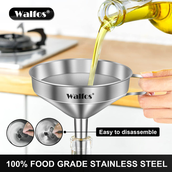 3Pcs Kitchen Funnel with 2 Removable Strainer &amp; 1 Cleaning Brush &amp; 1Pc 200 Mesh Food Filter Strainer, Food Grade Stainless Steel Funnel for Transferring of Liquid, Oils, Jam, Dry Ingredients