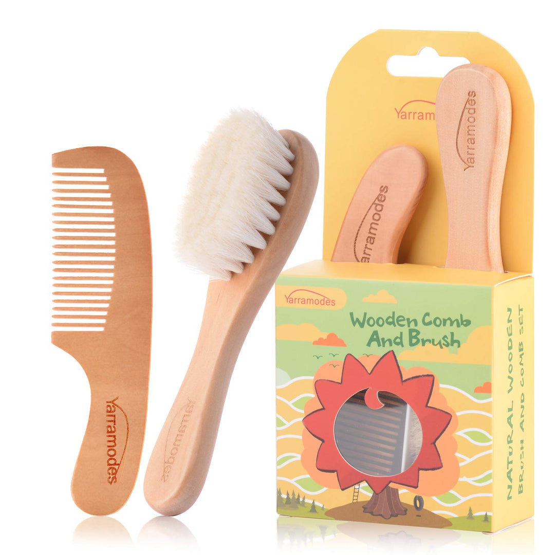 Baby Goat Hair Brush and Comb Set for Newborns &amp; Toddlers Eco-Friendly Safe Brush Natural Wooden Comb Soft Bristles for Cradle Cap Perfect Baby Shower and Registry Gift