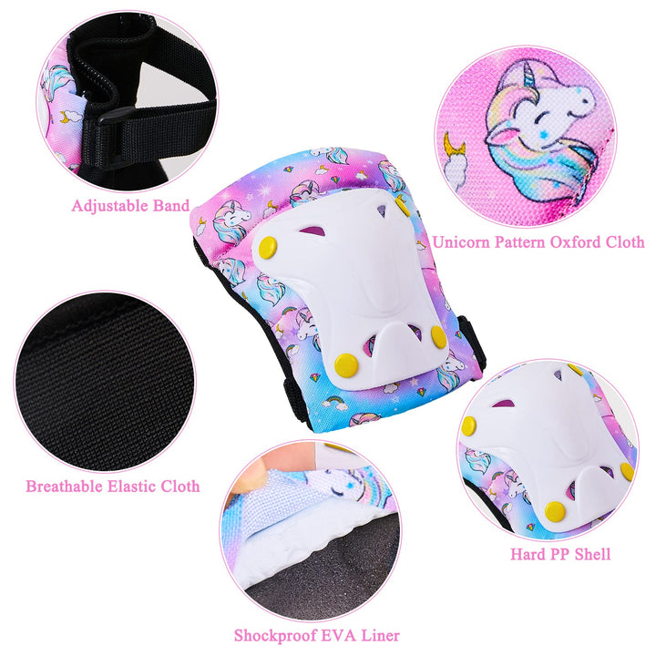 Knee Pads for Kids Unicorn Knee Elbow Pads Wrist Guards with Drawstring Bag Adjustable Protective Gear Set for Girls Boys Inline Skating Bike Cycling Skateboard Scooter, 3-8 Years, Colorful