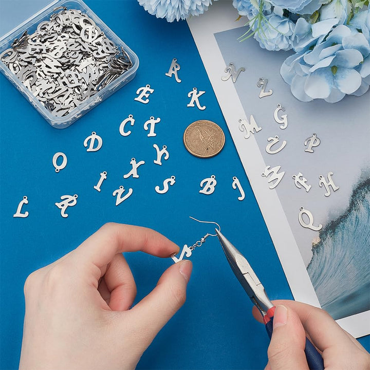 208pcs Alphabet Metal Charm Stainless Steel Charms Pendant Metal A-Z Letter Pendants 1mm Small Hole Charms for Necklaces Key Chain Jewelry Making(8 pcs for Each Letter)
