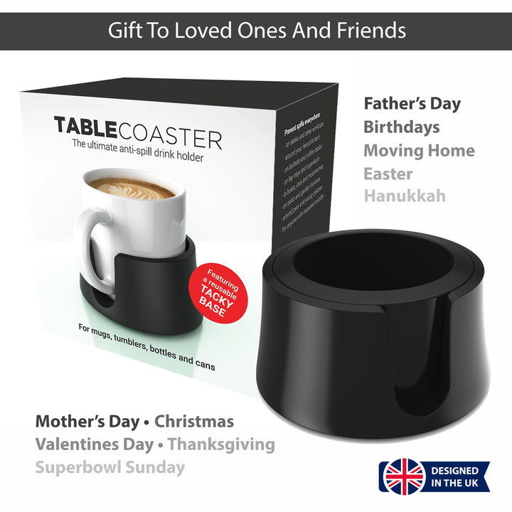TableCoaster - Original Anti-Spill Table and Desk Cup Holder, Jet Black - RV and Boat Drink Holder, A Tip-Proof Coaster with Tacky Base and Walled Profile to Prevent Spilled Drinks