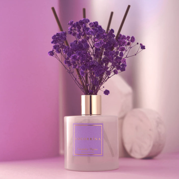 Cocorrína Premium Reed Diffuser Set with Preserved Baby&#39;s Breath &amp; Cotton Stick Lavender Thyme | 6.7oz Scent Fragrance Lavender Oil Diffuser for Bedroom Bathroom Home Décor
