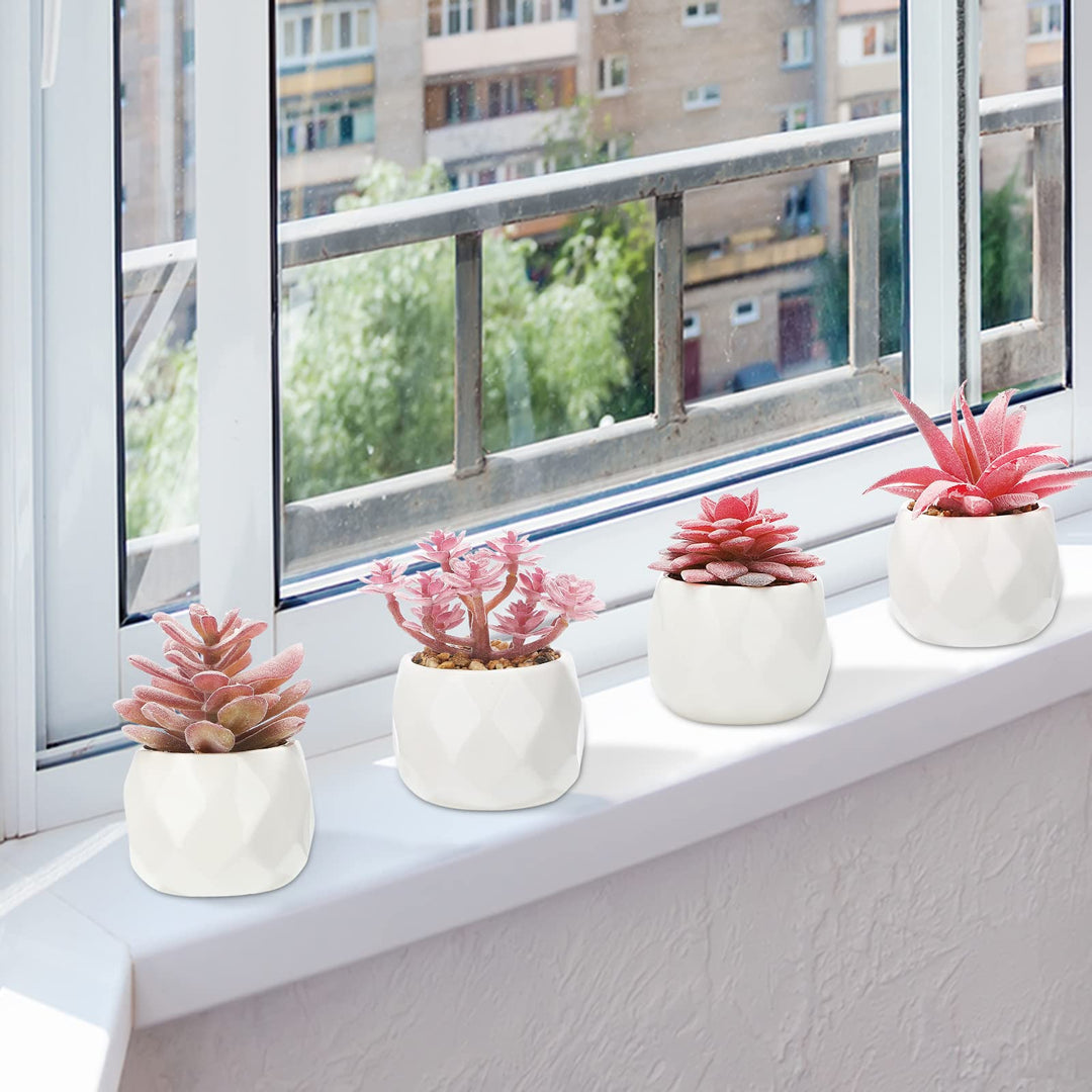 Artificial Succulent Plants Set of 4, Mini Life-Like Faux Succulents in White Ceramic Pots for Office Desk, Home Shelve, Fake Desk Plants for Home and Office Decoration
