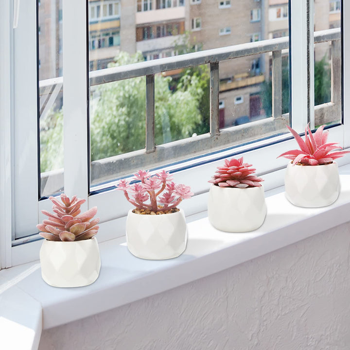 Artificial Succulent Plants Set of 4, Mini Life-Like Faux Succulents in White Ceramic Pots for Office Desk, Home Shelve, Fake Desk Plants for Home and Office Decoration
