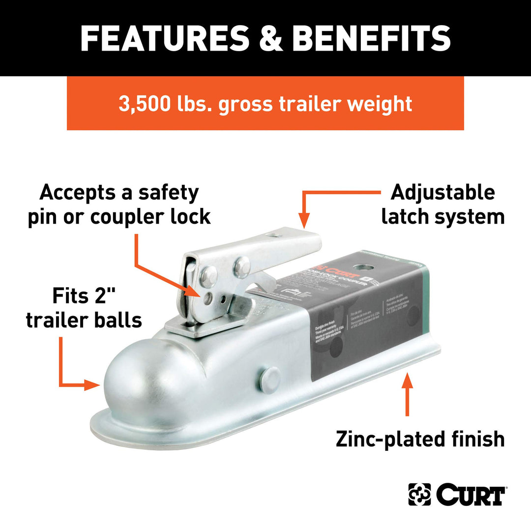 25153 Straight Tongue Trailer Coupler for 2-Inch Channel, 2-in Hitch Ball, 3,500 lbs, CLEAR ZINC