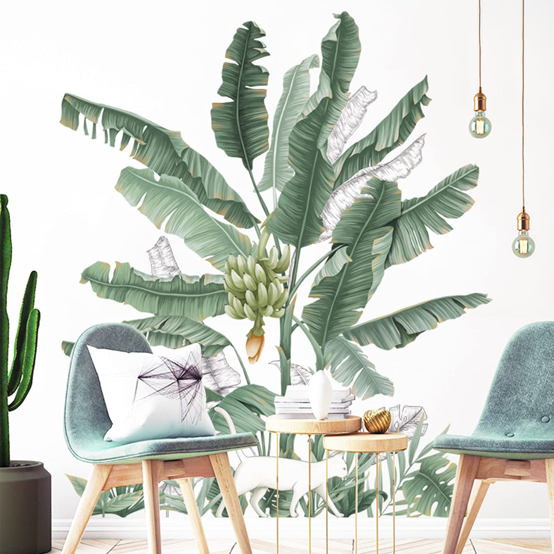 Green Plants Wall Stickers, Removable Waterproof Fresh Leaves Stick Wall Decals, Vibrant Tropical Leaf Peel and Stick Art Murals for Bedroom Living Room Office Home Decorations (D)