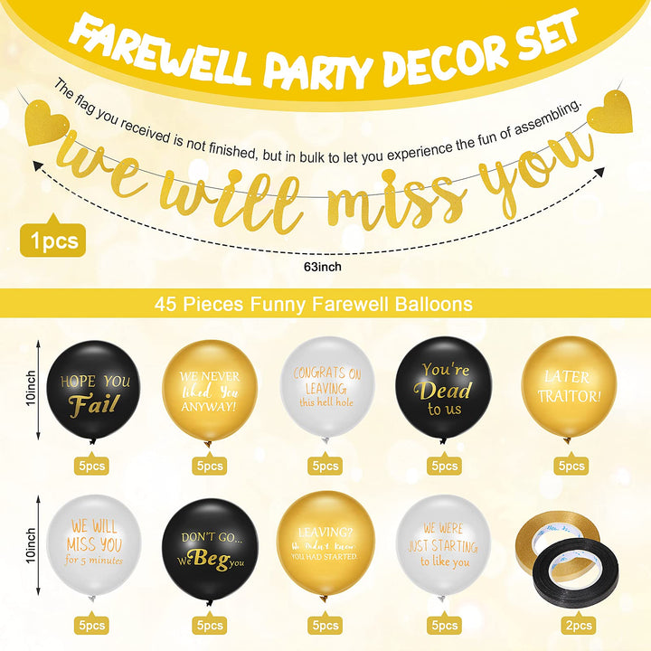 Going Away Party Decorations Farewell Party Decor 45 Pieces Goodbye Party Balloons and 1 Piece We Will Miss You Gold Banner Coworker Retirement Decor Latex Balloon for Celebrating Coworker Farewell