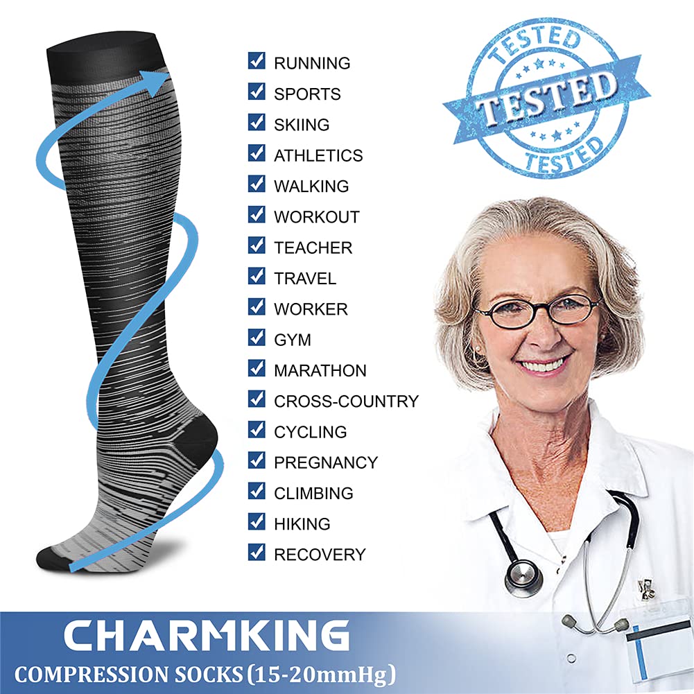 CHARMKING Compression Socks for Women & Men (8 Pairs) 15-20 mmHg Graduated Copper Support Socks are Best for Pregnant, Nurses - Boost Performance, Circulation, Knee High & Wide Calf (S/M, Multi 29)