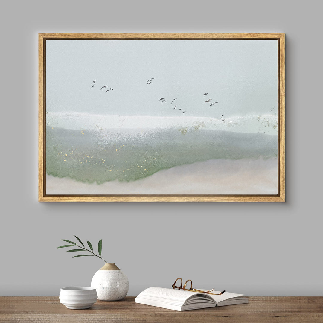Framed Canvas Print Wall Art Gray &amp; Green Watercolor Sky with Birds Abstract Shapes Illustrations Modern Art Bohemian Scenic Colorful for Living Room, Bedroom, Office - 24x36 Natural