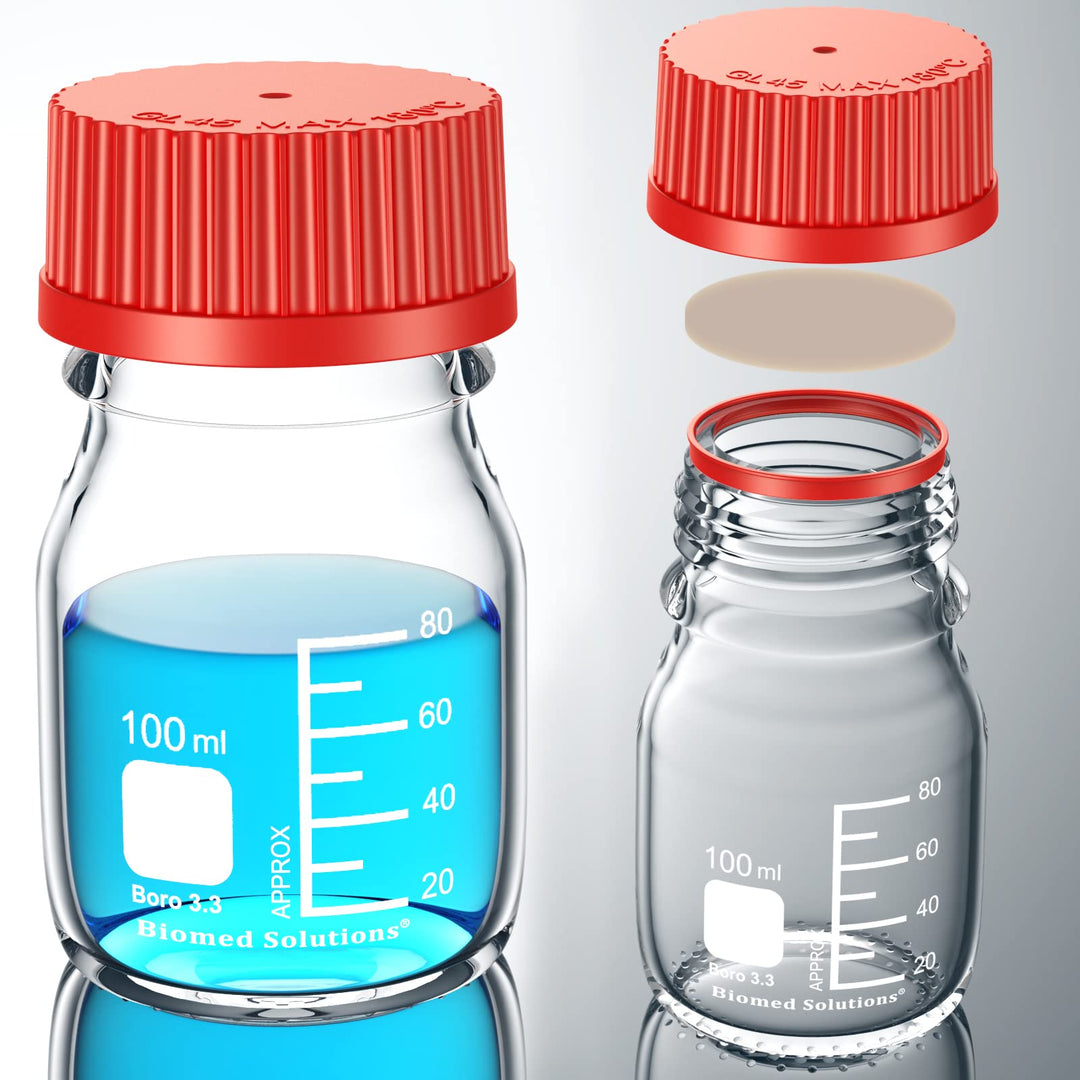 Media Storage bottle Borosilicate 3.3 Glass Container with PBT GL45 Screw Cap,PBT Pour Ring and PTFE Septa,Sterile,100mL,2/Pk