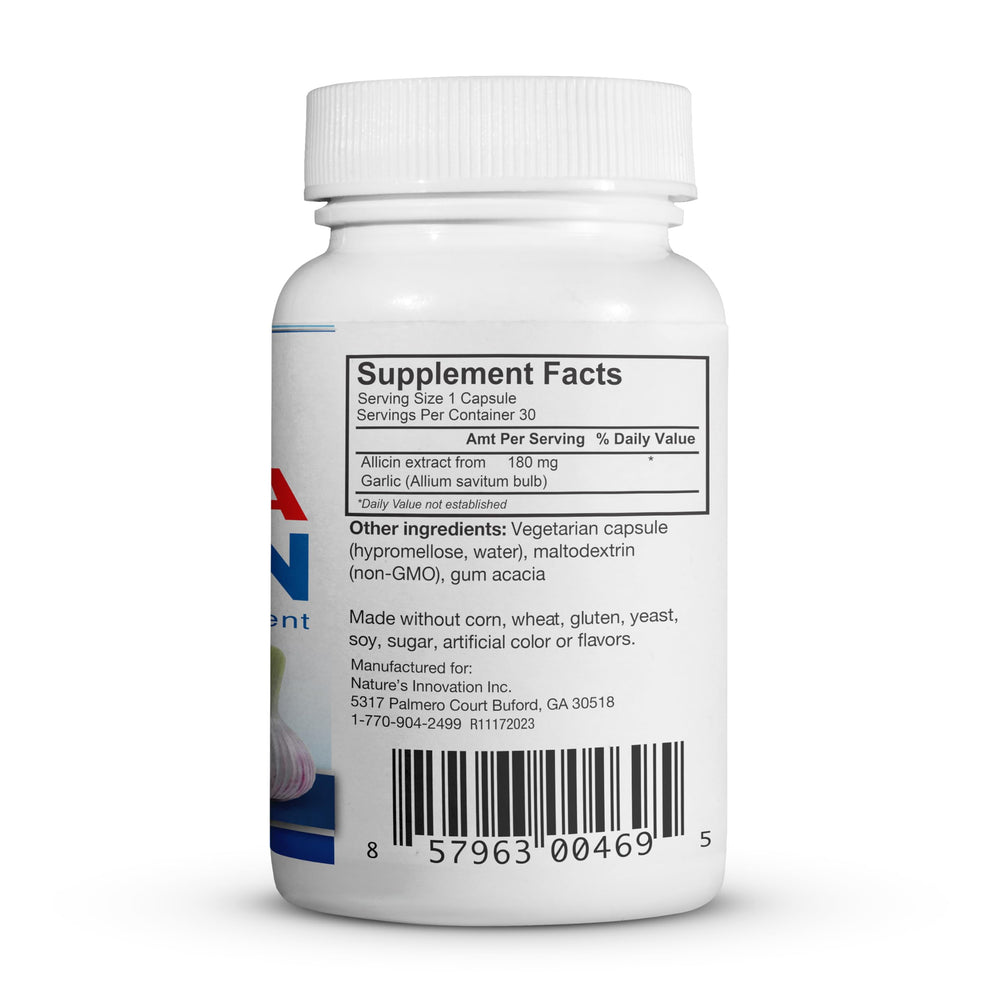 100% Pure Stabilized Allicin from Garlic, Odor-Controlled by Mega Allicin | 180,000mcg (180mg) Vegetarian (vCAPS) Non-GMO, Gluten-Free | Derived from Allium Sativum (30 Count)