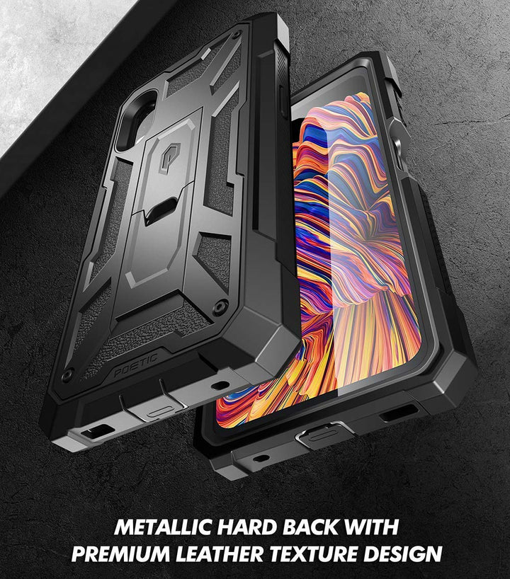 Spartan Series for Samsung Galaxy XCover Pro (2020) Case, Full-Body Rugged Dual-Layer Metallic Color Accent Leather Texture Shockproof Protective Cover with Kickstand, Metallic Gun Metal