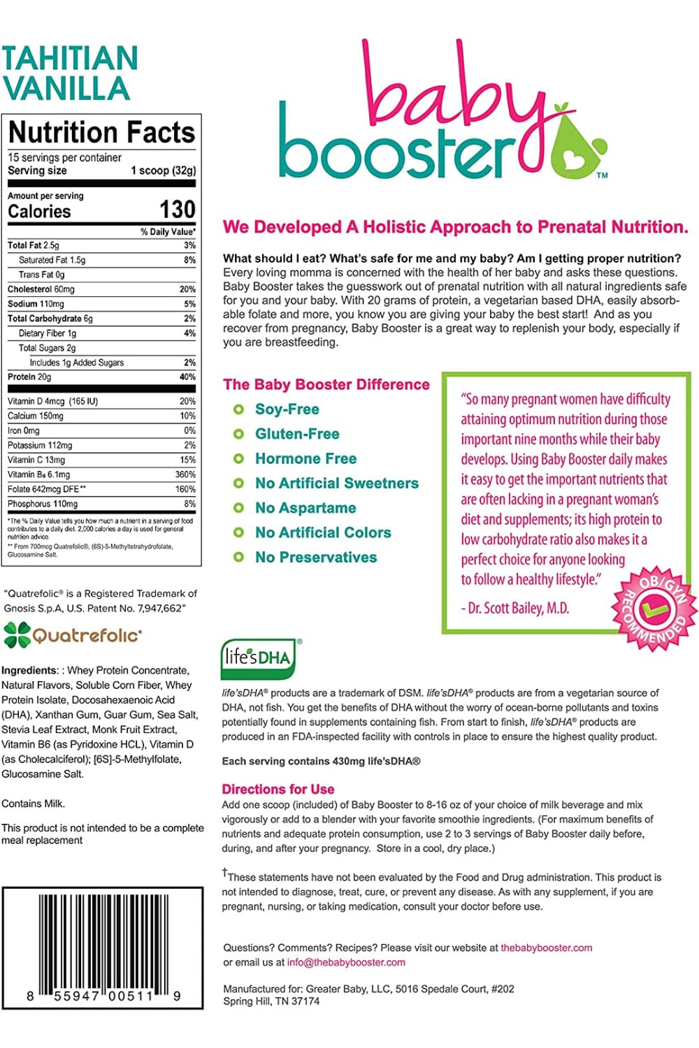 Tahitian Vanilla Prenatal Vitamin Supplement and Protein Shake, Caffeine Free, All Natural, Vegetarian DHA, High Protein, Methyl Folate, B Vitamins, Great for Morning Sickness, 1 lb
