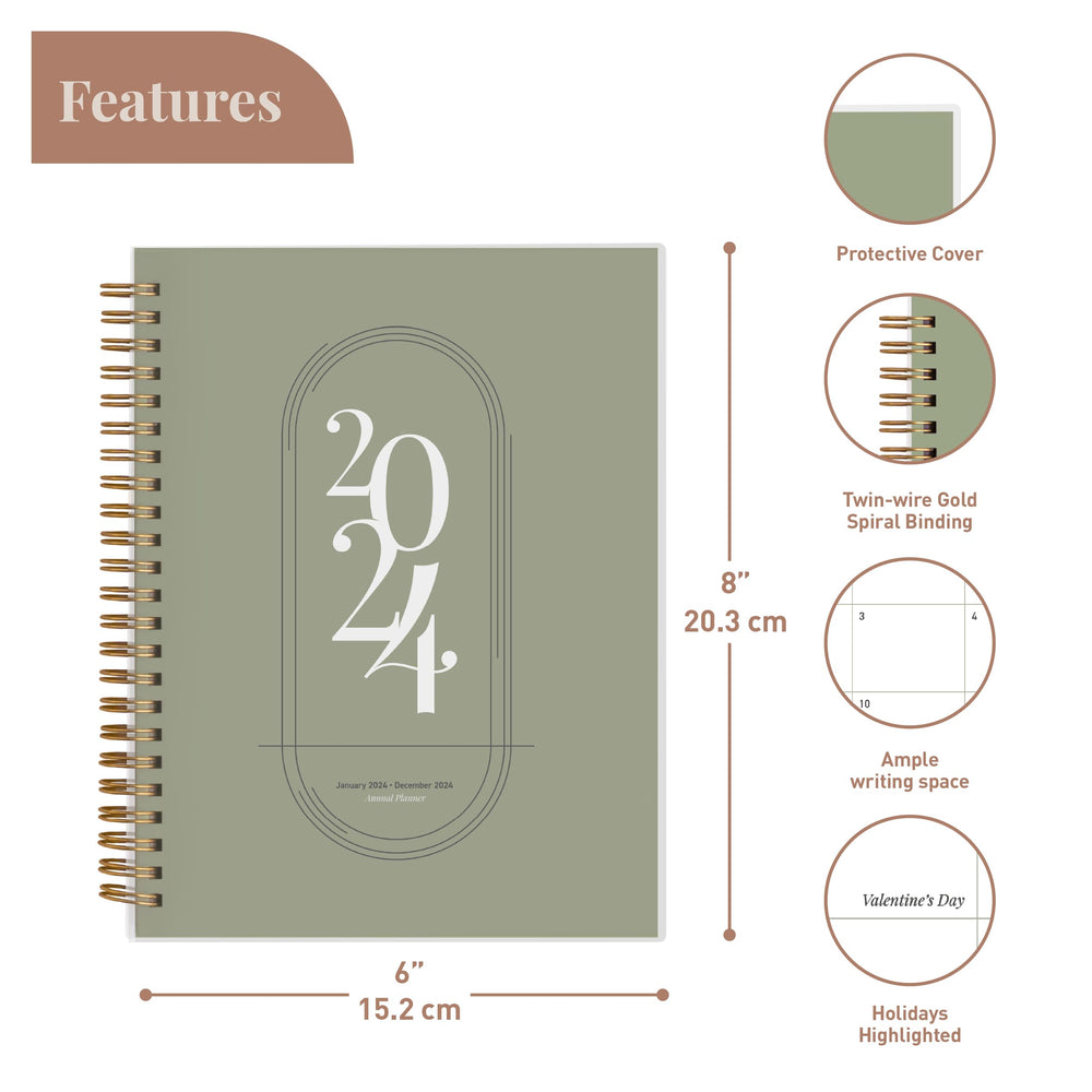 Rileys 2024 Weekly Planner - Annual Weekly & Monthly Agenda Planner, Jan - Dec 2024, Flexible Cover, Notes Pages, Twin-Wire Binding (8 x 6-Inches, Green)