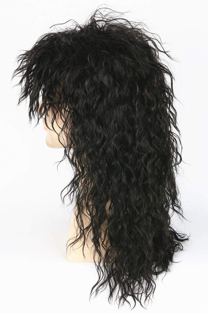 Men’s 80s Wig Black Mullet Wigs Halloween Costume Male Wig Punk Heavy Metal Rocker Wig Curly Long