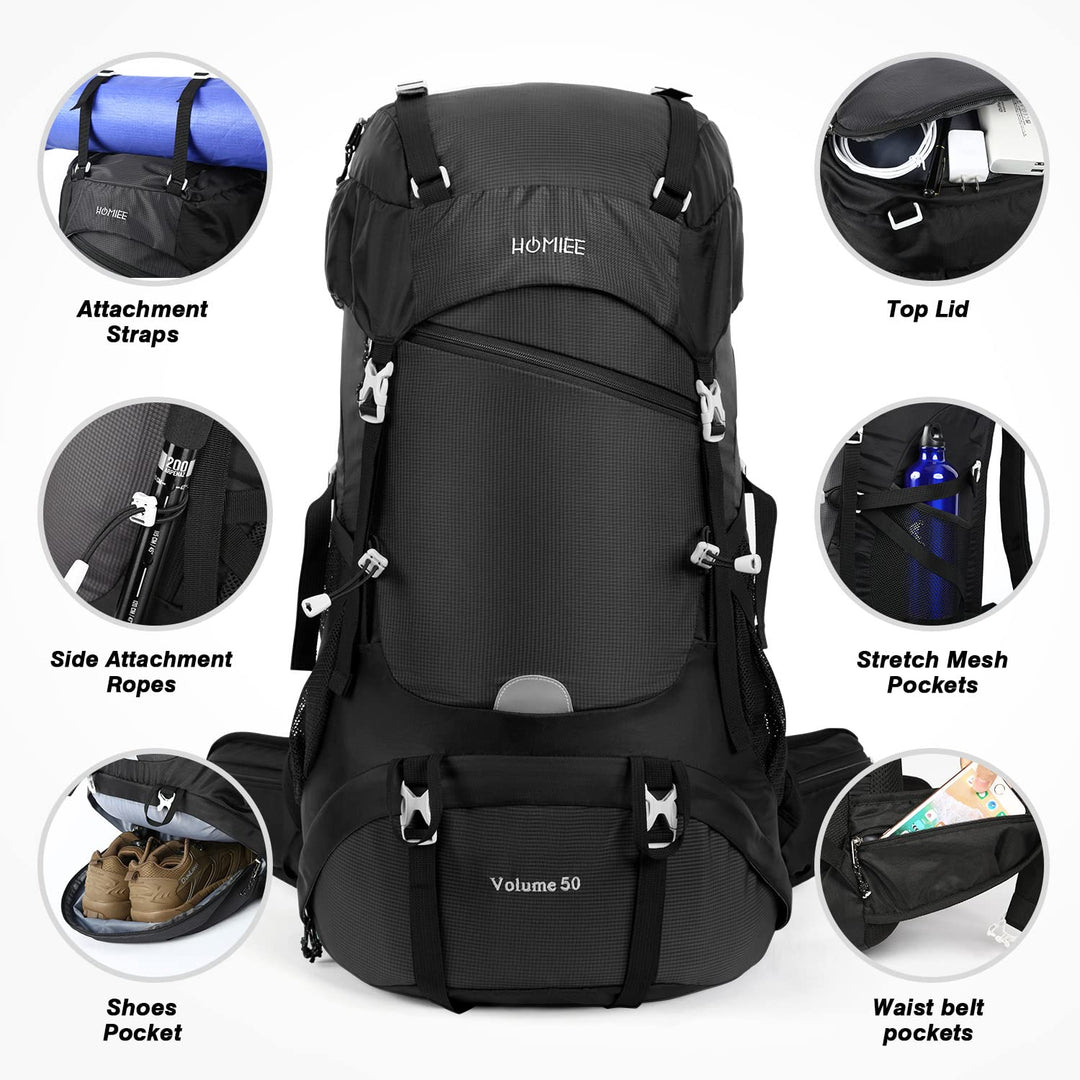HOMIEE 50L Hiking Backpack Travel Bag Waterproof Campin
