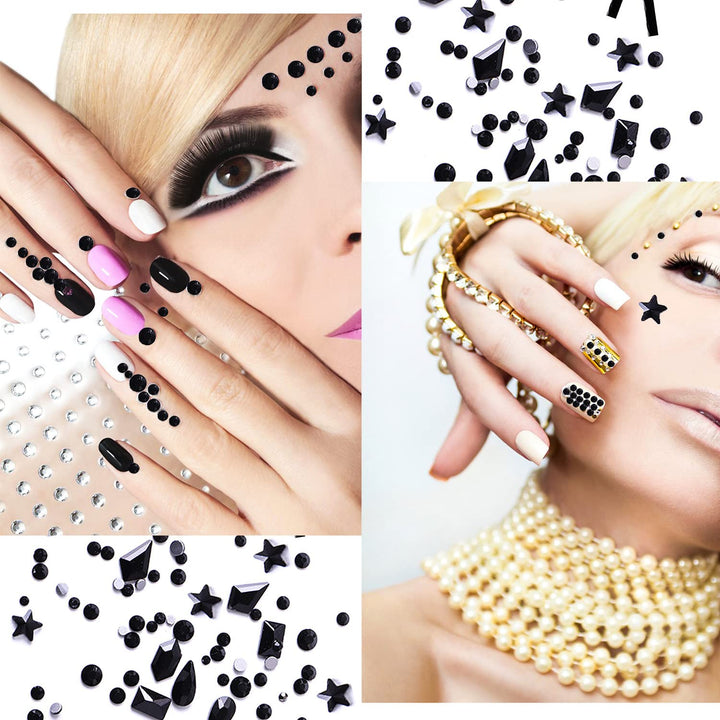 1620pcs Flat Back Jet Black Nail Rhinestones Red Nail Rhinestones Round Beads Crystals Glass Gems Stones Multi Shapes Sizes With Picking Pen for Crafts Nail Face Art Clothes Shoes Bags DIY