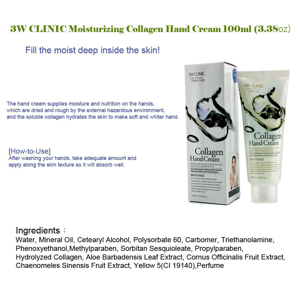 3W Clinic Hand Cream, Collagen, 3.38 Ounce