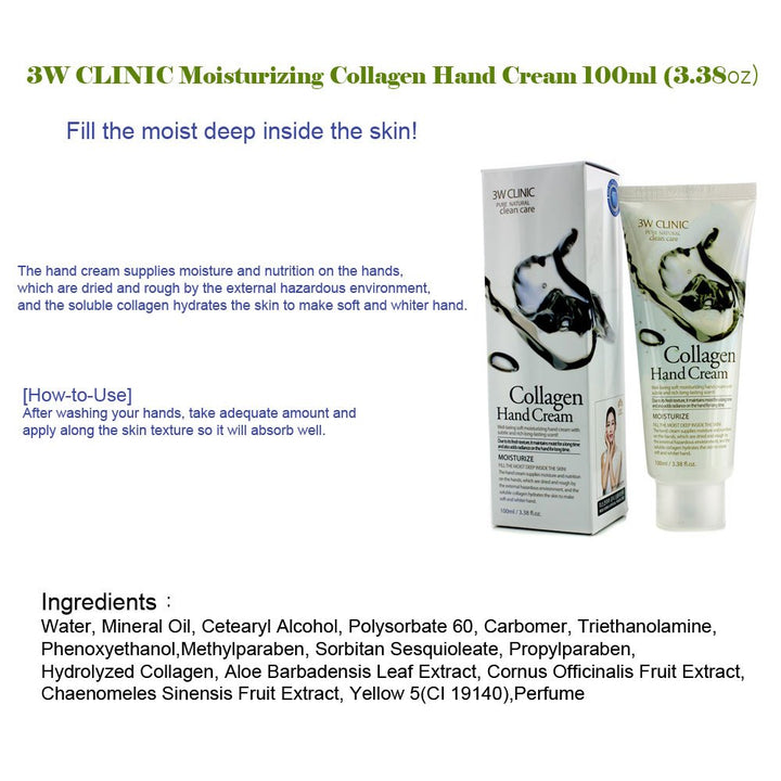 3W Clinic Hand Cream, Collagen, 3.38 Ounce